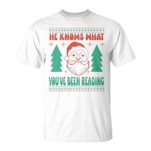 T-shirt pour les amateurs de livres de Noël, avec motif de Noël « Il sait ce que vous lisez », blanc, taille M - Product Image 1