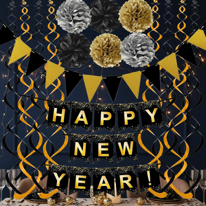 Set di Striscioni per Capodanno 2026, Insegna 'Hello' Nera Glitterata Pre-Decorata, Decorazione per Festa di Fine Anno - Product Image 3