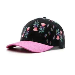 Custom design Shiny Brim allover floral Printing baseball Cap Shiny Brim for women