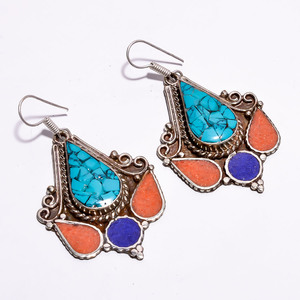 Natural Turquoise Coral Lapis Gemstone <b>Earrings</b>, Tibetan Silver Nepali <b>Handmade</b> <b>Earrings</b>, Italian Jewelry - Product Image 2