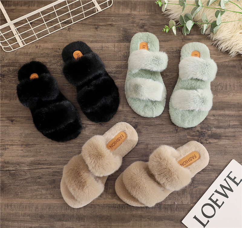 Two Woolly Slippers Woman Winter Warm Flat House Shoes Girls Cotton Shoes
