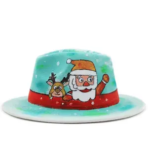 2023手工印花圣诞羊毛毡帽搞笑圣诞树圣诞老人雪人麋鹿宽檐女男子卡通爵士帽