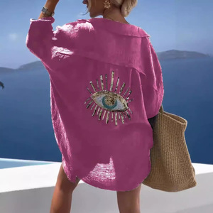2026 European American Foreign Trade Women's Clothing Spring Summer New Style Lapel Long-Sleeved Cotton <b>Linen</b> Casual Solid Color - Product Image 4
