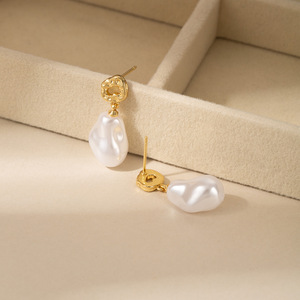 Faux Pearl Stud <b>Earrings</b> Geometric Irregular Shape 14k Gold <b>Post</b> Party Fashion Drop <b>Earrings</b> - Product Image 2