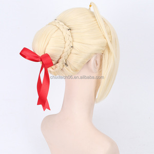 Peluca de cosplay de <span class=keywords><strong>Fate</strong></span> <span class=keywords><strong>Stay</strong></span> <span class=keywords><strong>Night</strong></span> Saber, versión recogida con mechas doradas, versión oscurecida - Product Image 5