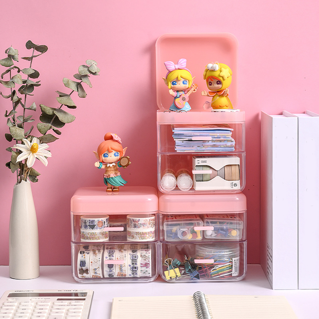 29781 Cute Desktop Sundries Storage Box 2-Layer Plastic Rectangle Flip Cover Storage Drawer Office Compartment Organizer