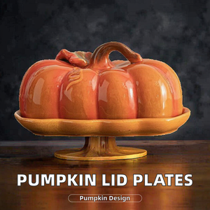 Assiettes en céramique créatives avec couvercles en forme de citrouille, motif végétal, écologiques, ustensiles de fête, cadeaux de fêtes - Product Image 2