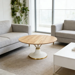 Muebles personalizados de estilo medieval moderno, mesa de centro para terraza con base en forma de cúpula de madera natural pintada de blanco, fácil de limpiar - Product Image 1