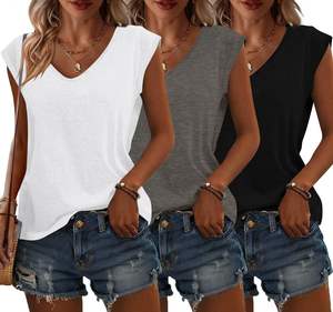 3 packs de débardeurs à manches courtes pour femmes, col en U, printemps et été, t-shirts décontractés 2025, vêtements de mode pour les vacances à la plage - Product Image 1