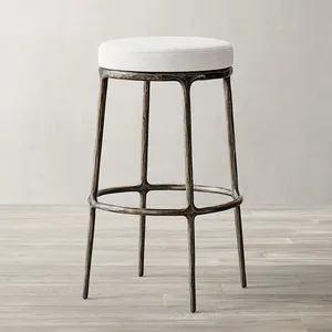 Thaddeus Modern Home Furniture White Fabric Hammered Finishes Bar Chair Swivel Forged Metal Frame Bar Stool