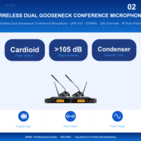 Système de microphone de conférence sans fil UHF double canal avec micro col de cygne, 200 canaux, synchronisation IR, micro de bureau pour salle de réunion et église