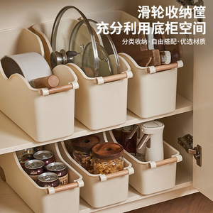 Multifunctional Wheeled Storage Basket Kitchen Rack With Wooden Handle Stackable Organizer Box For Cookware And Dishware - Product Image 3