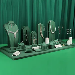 Conjunto de joias personalizado, estátua de mesa, conjunto de compras, bancada verde, suede, exibição de loja de camurça, joias de metal, suportes