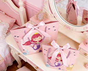 Mermaid Theme <b>Paper</b> Gift <b>Bag</b> with Handle, Made of Thick <b>White</b> Cardboard with Color Printing, Adorned with Pink Satin Ribbon Bow - Product Image 1