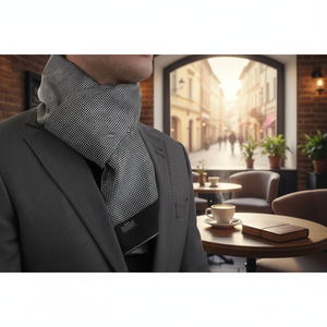 Elegant Double Sided Wool Scarf Silver Polka Dot Geometric Pattern on Black Jacquard Woven Traditional Style - Product Image 3