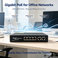 Switch PoE Gigabit 4 ports 60W avec alimentation intégrée IEEE802.3af/at, 2 ports Uplink Gigabit, capacité de commutation 12G pour caméras IP et vidéosurveillance