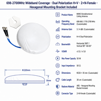 Antenne de plafond omnidirectionnelle MIMO 4G 5G ANLONG AL-XD108 698-960/1710-2700MHz Polarisation H+V 3dBi/4dBi 2xN-Femelle Câble 30cm pour intérieur