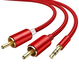 OUFAN Jack Kabel 3.5Mm Ke 2 RCA Audio Terlindung Ganda untuk Kabel AUX Headphone 24K Sepuh Emas 2RCA Ke 3.5 Y Kabel Audio