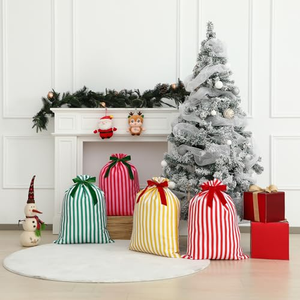 Bolsas de Regalo Navideñas Grandes Personalizadas con Cordón, Diseño de Bastones de Caramelo Coloridos, con Lazo de Terciopelo de Lujo para Niños, Fiestas Navideñas - Product Image 3
