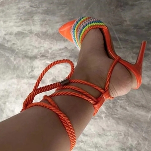 Sandali <span class=keywords><strong>con</strong></span> <span class=keywords><strong>tacco</strong></span> alto in corda intrecciata fascia alla caviglia arancione punta a punta tacchi sottili <span class=keywords><strong>scarpe</strong></span> eleganti estive <span class=keywords><strong>scarpe</strong></span> da festa Multi colori vuote - Product Image 5