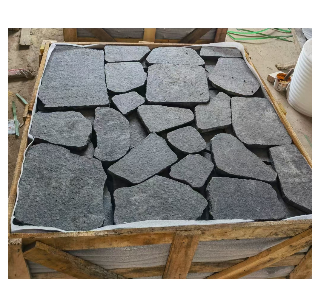 Pedra flagstone preta de granito aleatória, padrão louco, pedra de pedra para passeio, jardim ao ar livre