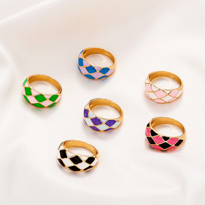 Ins cool style bague géométrique couleur goutte d'huile gossip damier bague en ligne célébrité personnalité tendance bijoux femmes - Product Image 3