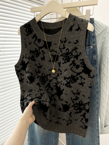 Gilet en tricot pour femme, motif abstrait encre éclaboussée, col rond, sans manches, coupe ample, collection automne, vente en gros, OEM ODM - Product Image 2