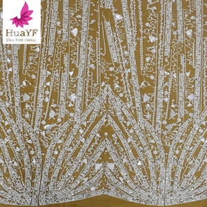 HY2080 tela de encaje de tul bordado elegante con cuentas blancas africanas malla austriaca de gama alta para vestido de fiesta de boda - Product Image 1