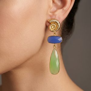 Boucles d'oreilles de luxe en calcédoine bleue et calcédoine préhnite, pendantes, en laiton plaqué or 18 carats, forme coquille d'escargot - Product Image 3