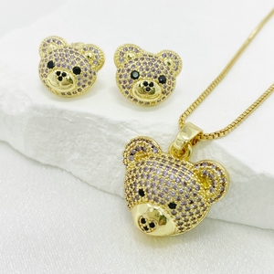 Moda Hip Hop brillante completo circón collar gran oso de peluche cabeza colgante pendiente 18K chapado en oro joyería conjunto mujeres - Product Image 6