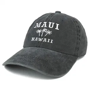 OEMユーズド加工100% コットンお父さん帽子カスタム刺繍マウイハワイと3本のヤシの木非構造化野球帽