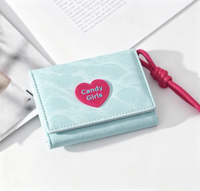 Dompet Lipat Kulit PU Pola Hati Warna Permen, Tempat Kartu Multi-Fungsi, Dompet Pendek Ringan Wanita, Tas Kartu Pelajar