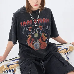 Custom Design Wholesale Clothing Acid Wash Tshirt Curve Bottom Oversized T Shirts Black Vintage Women Casual Crew Neck Knitted