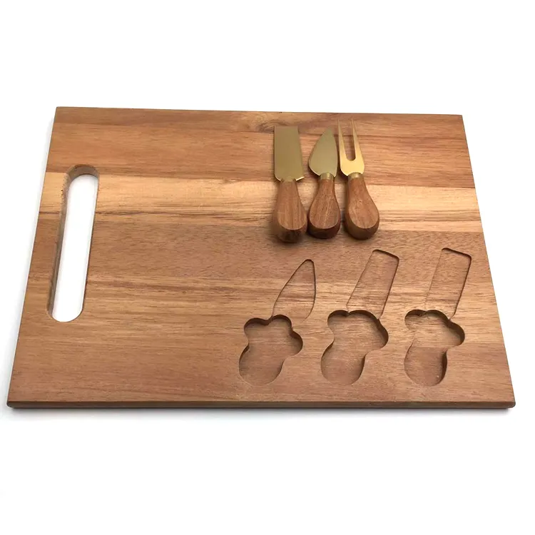 उच्च गुणवत्ता काटने बोर्ड सेट बबूल पनीर पनीर चाकू कांटा के साथ लकड़ी काटने बोर्ड