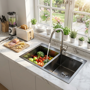 Évier double professionnel pour chef 780x480mm |   AW-7848A 201 SS Évier sous plan, finition PVD noire, poste de travail à double vasque - Product Image 1