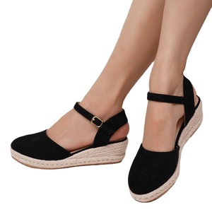 Black Suede Bohemian Wedges <b>Sandals</b> <b>Closed</b> <b>Toe</b> Platform Rubber Outsole Buckle Closure <b>Summer</b> Women's Shoes Lightweight - Product Image 1