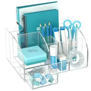 8 Compartments Clear Office Tabletop Accessories Acrylic Desk Organizer with Drawer