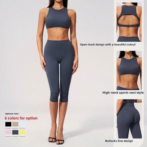 Ensemble <span class=keywords><strong>de</strong></span> sport 2 pièces pour femme OEM/ODM : pantalon capri taille haute et soutien-gorge <span class=keywords><strong>de</strong></span> sport rembourré à dos ouvert, tenue <span class=keywords><strong>de</strong></span> yoga personnalisable avec logo - Product Image 3