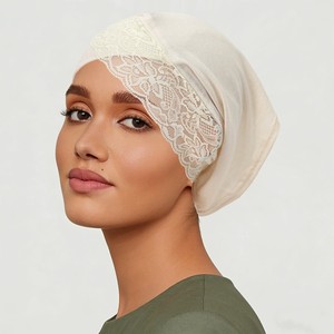 Turban décontracté en dentelle délicate, couleur unie, pour femme musulmane, bonnets hijab simples en dentelle, foulard. - Product Image 5