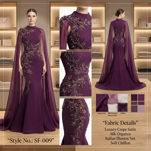 Robe de soirée longue élégante en satin prune foncé à col montant, avec capes fluides intégrées et soutien-gorge intégré, idéale pour les occasions formelles - Product Image 2