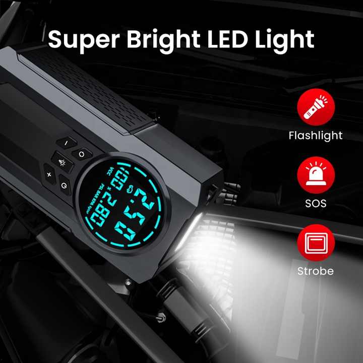 Arrancador De Batería 4 En 1 – 3000 A, Bomba De Inflado 150 PSI, Power Bank 12000 MAh Y Linterna LED
