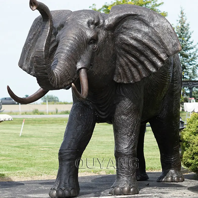 QUYANG Ukuran Hidup Luar Ruangan Taman Dekorasi Hitam Kuningan Perunggu Patung Gajah Antik Logam Tembaga Patung Hewan