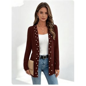 Neue Elegante Einfarbige Strickjacke für Damen Modische Oberbekleidung Vielseitige Langarm-Perlen-Verzierte Offene Strickjacke - Product Image 2