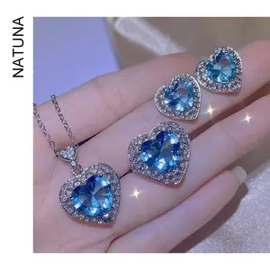 Conjunto de joyería fina de gama alta para mujer, collar de corazón de circón azul, conjunto de pendientes y anillos en plata de ley 925