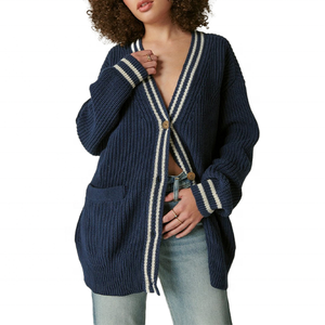 Cárdigan casual de otoño para mujer, de punto acanalado, con cuello en V, ribete en contraste, manga larga, de longitud media, estilo preppy, venta al por mayor - Product Image 1