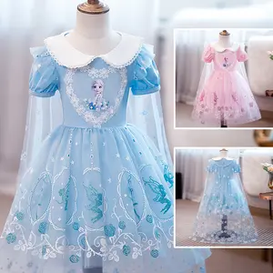 Yeni buz prenses Elsa dondurulmuş prenses etek kız bahar ve yaz etek uzun kısa kollu elbise çocuk mavi elbise