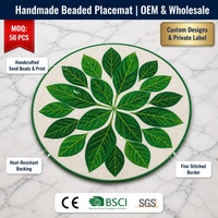 Set de table rond en perles de verre blanches imprimées sur mesure, motif feuille verte botanique, sous-plat perlé, vente en gros