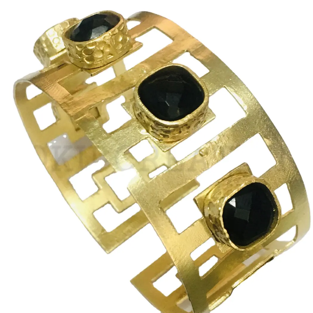 Plaqué or Designer fait à la main Onyx noir pierre précieuse grande déclaration manchette et bracelet fait à la main produit premium SKU6623