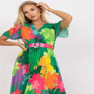 Summer latest crumpled printed belt dress travel beach party fashion v-neck dresses for women