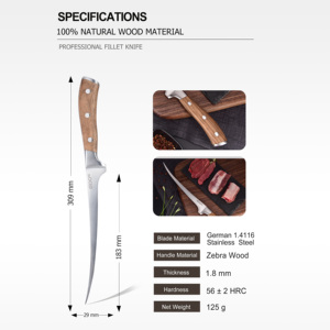 QXF Coltello <span class=keywords><strong>da</strong></span> Disosso in Acciaio Inossidabile Tedesco di Alta Qualità, <span class=keywords><strong>Coltelli</strong></span> per Filettare Pesce con Manico in Legno di Zebra - Product Image 4
